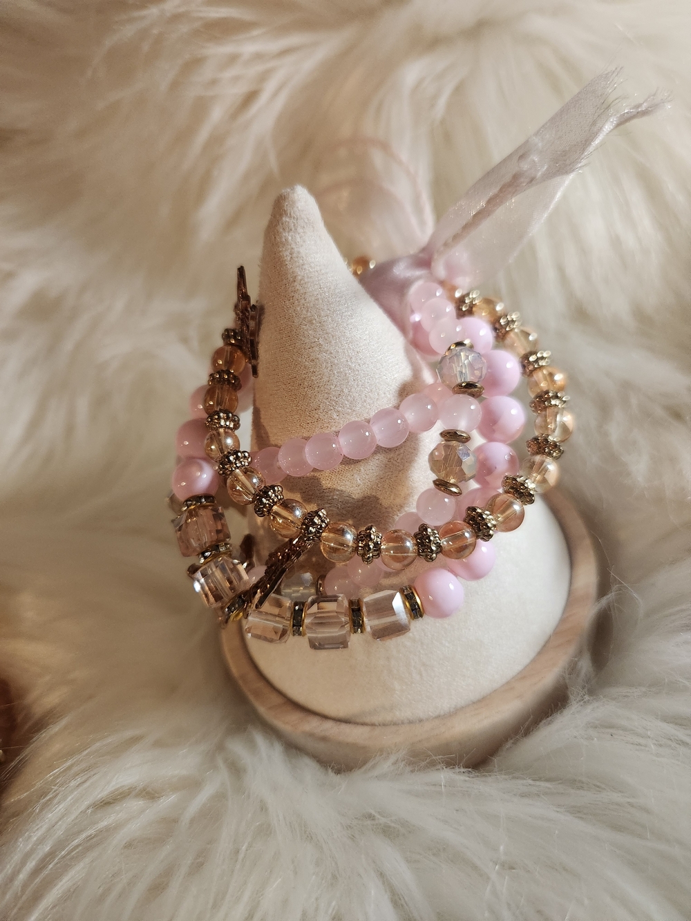 Pink Beaded Stretch Bracelet Set Stackable